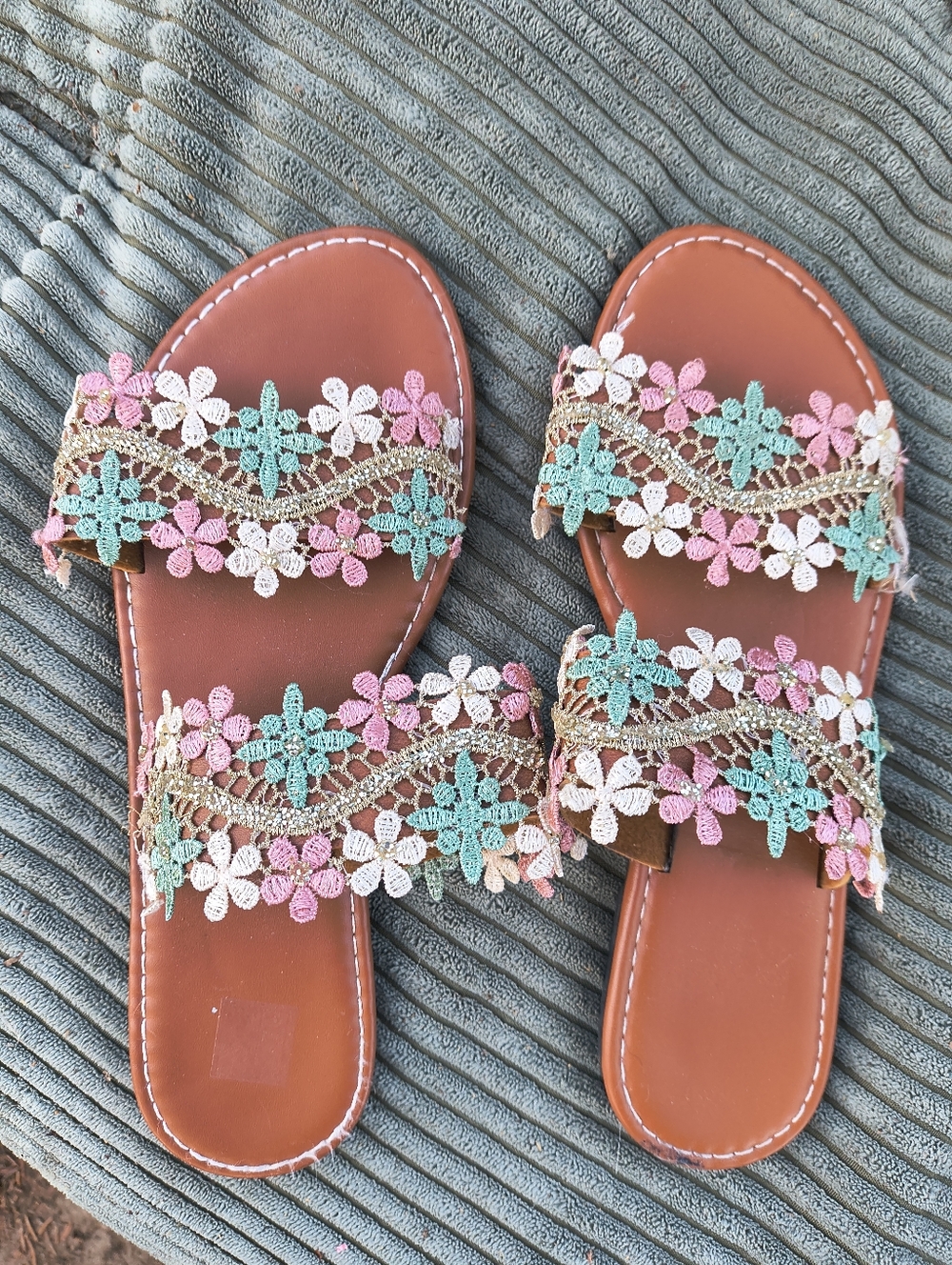 Boho Floral Double-Strap Slide Sandals - Brown with Pink, Mint & White